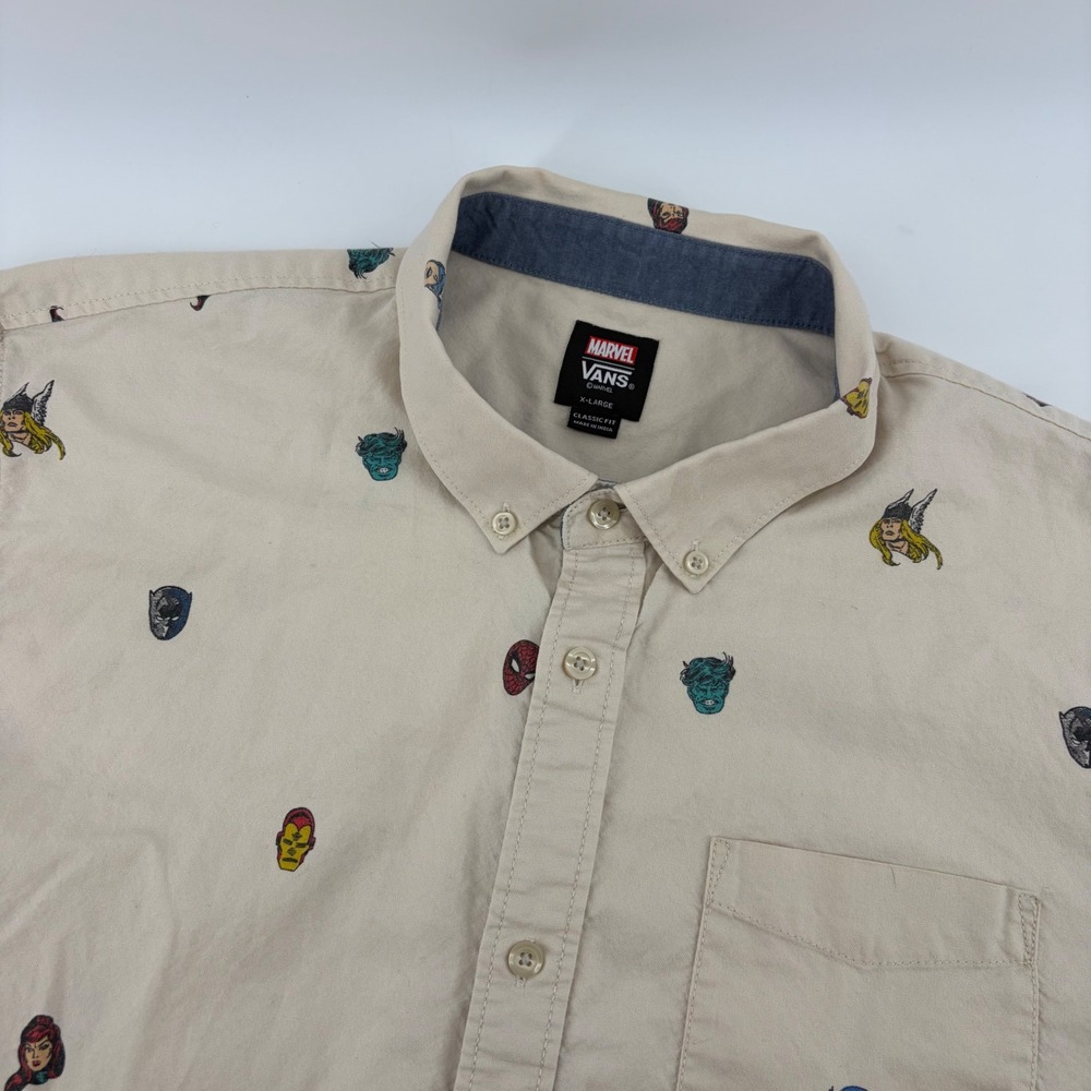 Vans Marvel Houser Shirt Mens XL Ivory Superhero Avengers S/S Button down